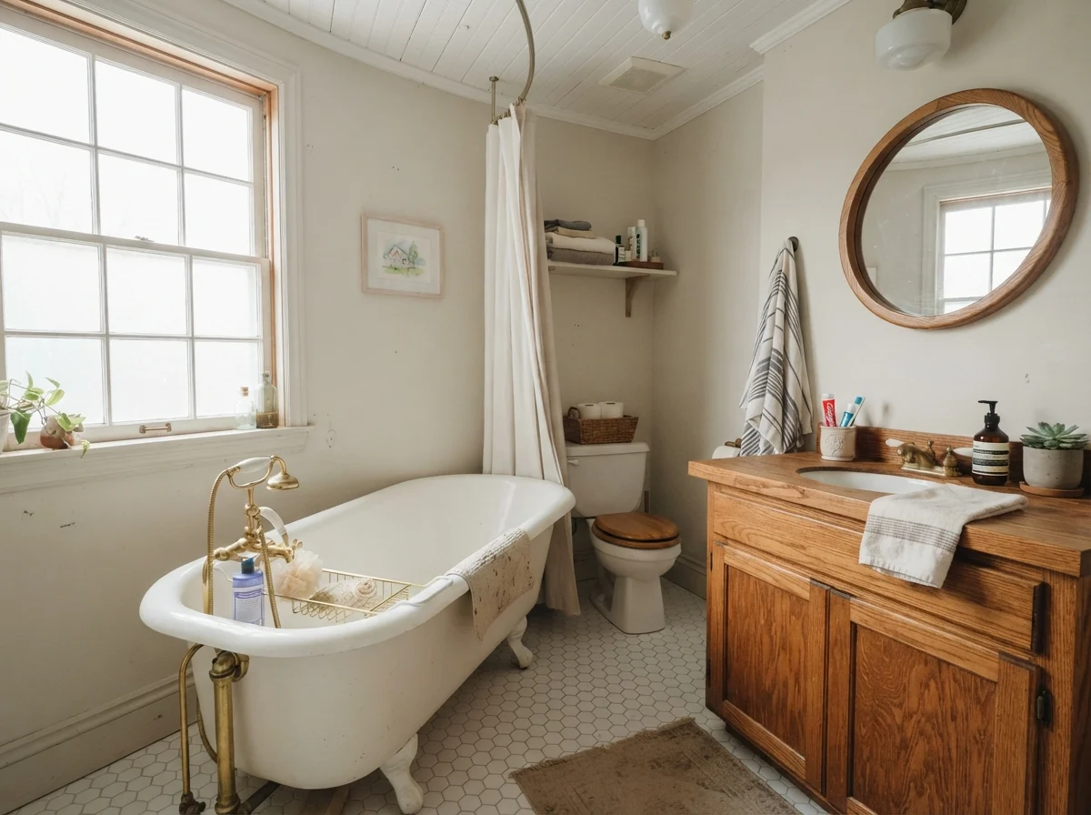 Cottage bathroom featuring clawfoot tub, white hex tile, and painted walls.