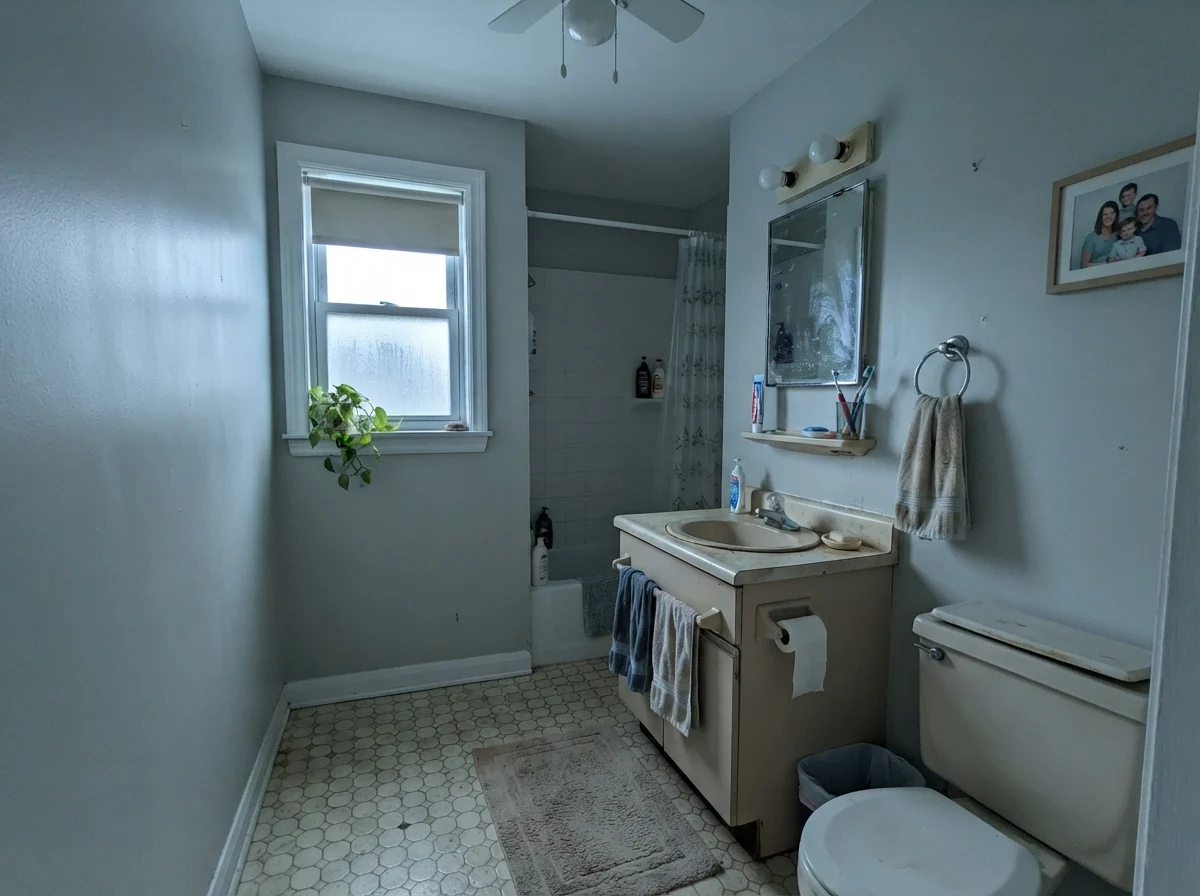 Dated bathroom showing cool cast on walls next to older beige vanity and toilet.