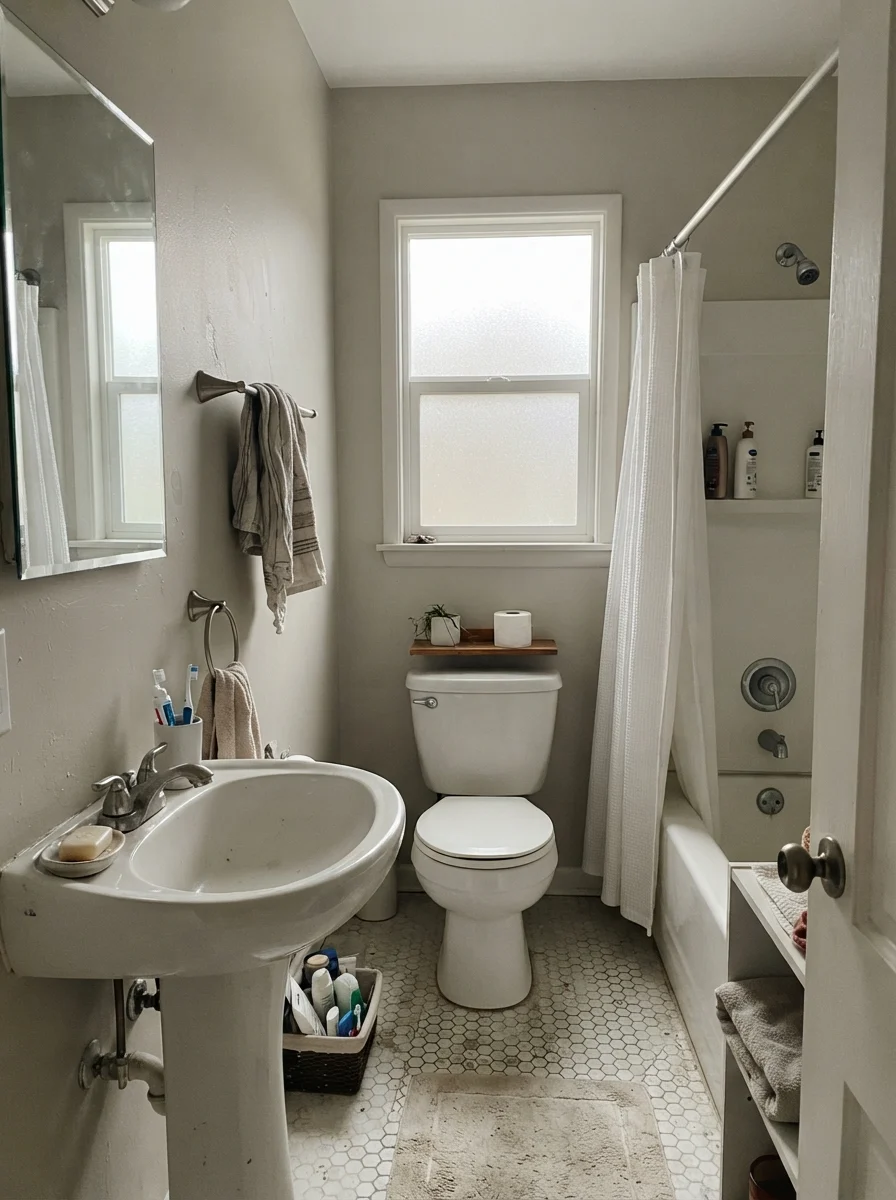 Small bathroom in overcast light showing muted gray painted walls and white fixtures.
