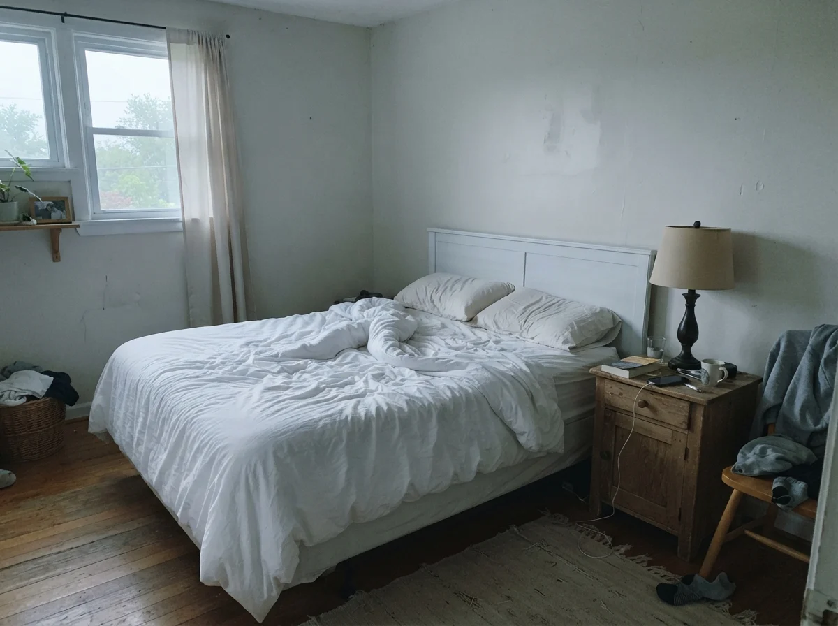 Bedroom in cool early-morning light with pale walls and unmade white bedding.