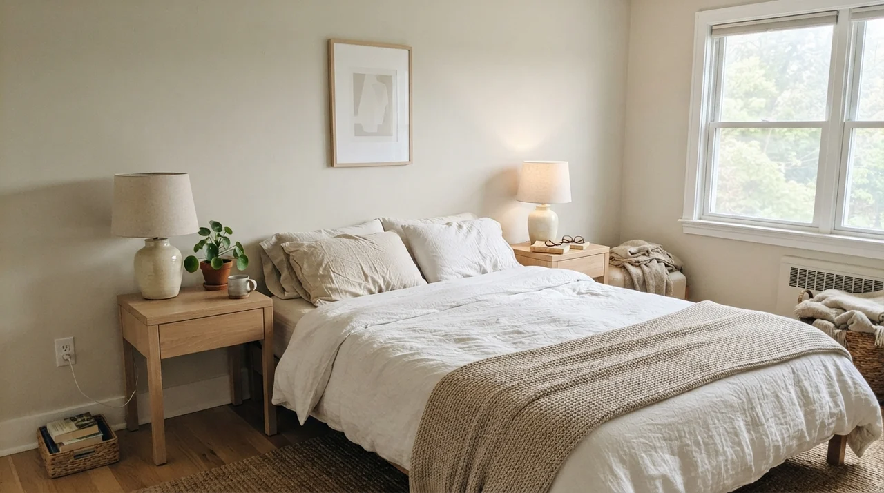 Serene main bedroom with soft painted walls and pale oak nightstands.