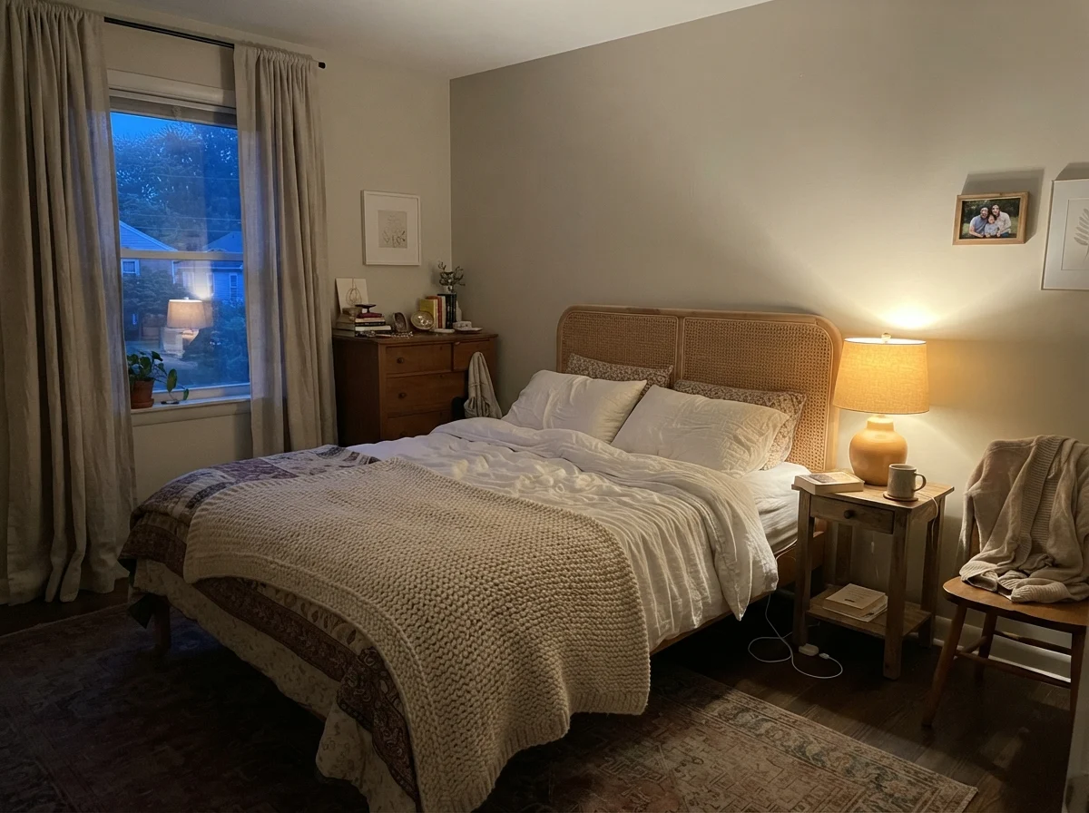 Bedroom at dusk with a warm table lamp illuminating the painted greige wall.