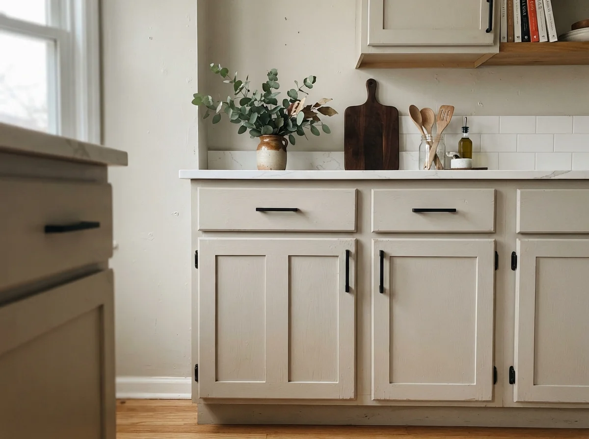 Close-up of painted greige kitchen drawers with matte black pulls and quartz counter.