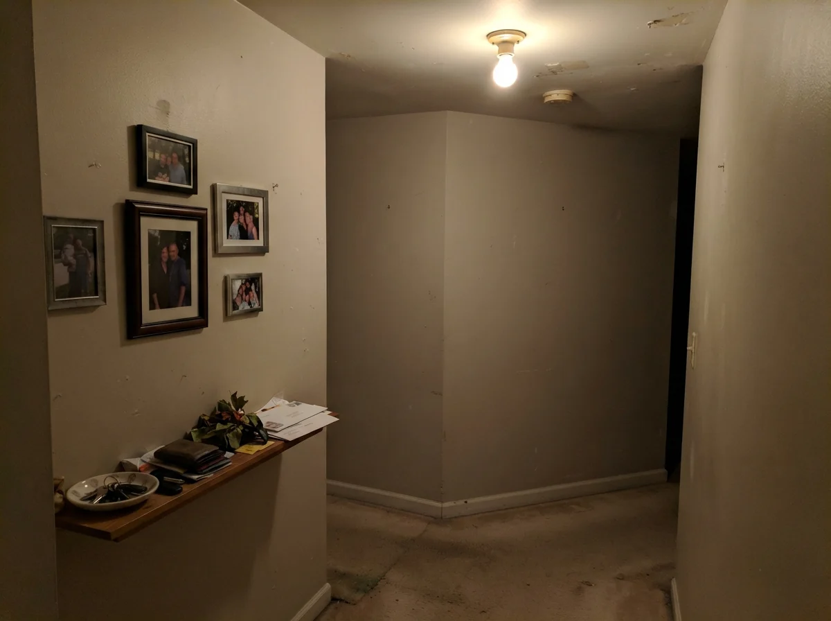 Dim windowless hallway showing Balboa Mist looking flat and muddy above beige carpet.