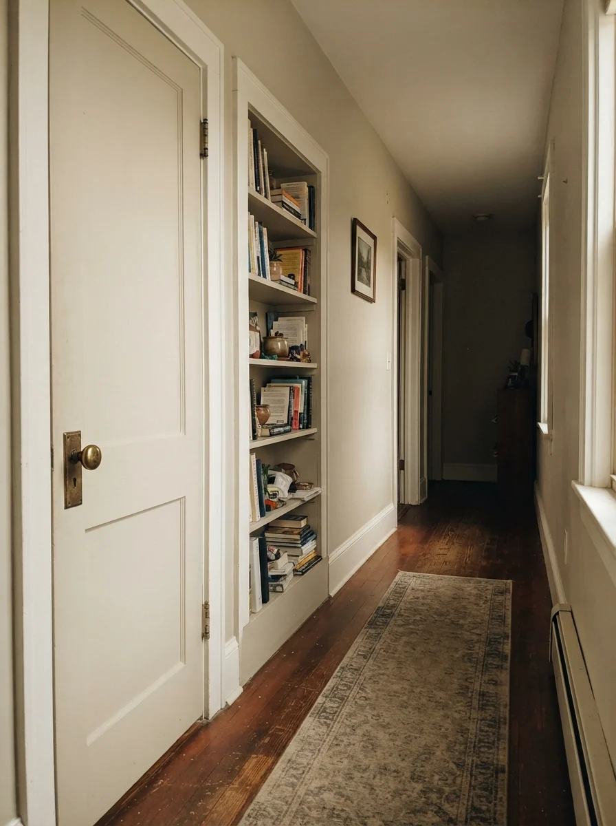 Hallway featuring painted door and built-in shelves in soft greige with brass hardware.