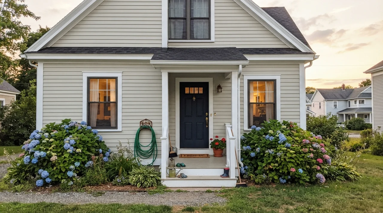 House exterior with Balboa Mist horizontal siding, white trim, and a dark navy front door.