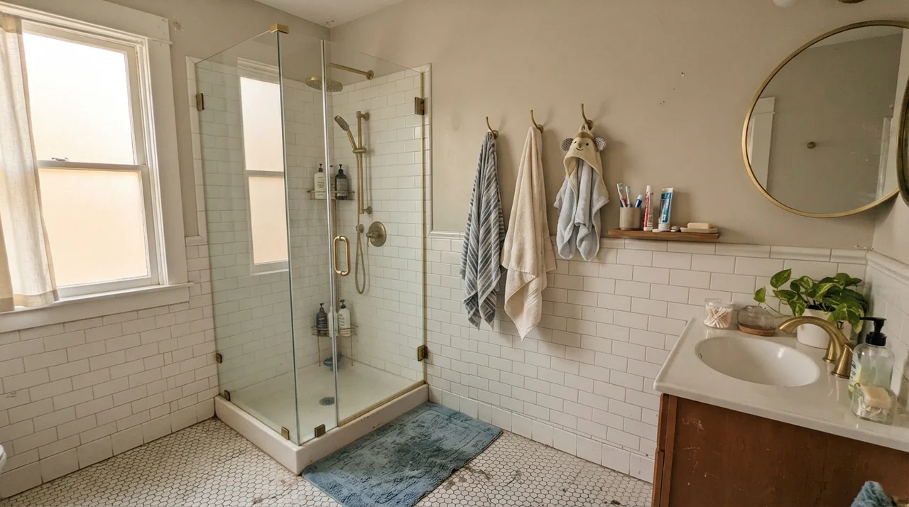 Family bathroom with upper walls painted greige above white subway tile wainscot and brass fixtures.