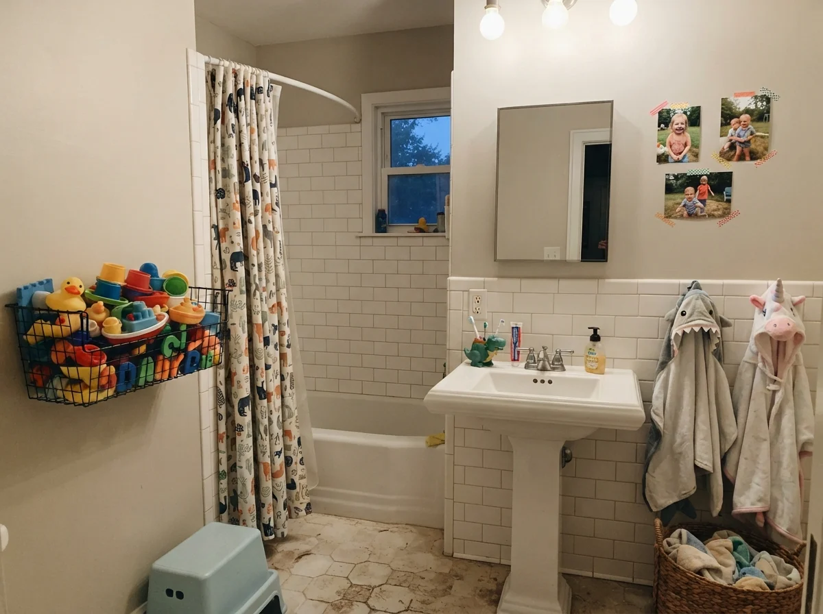 Kids' bathroom with subway tile wainscot, painted upper walls, and toy basket.