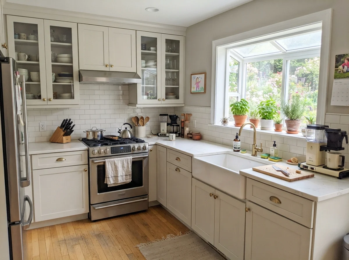 Kitchen shaker cabinets painted in greige with white subway backsplash and oak floors.