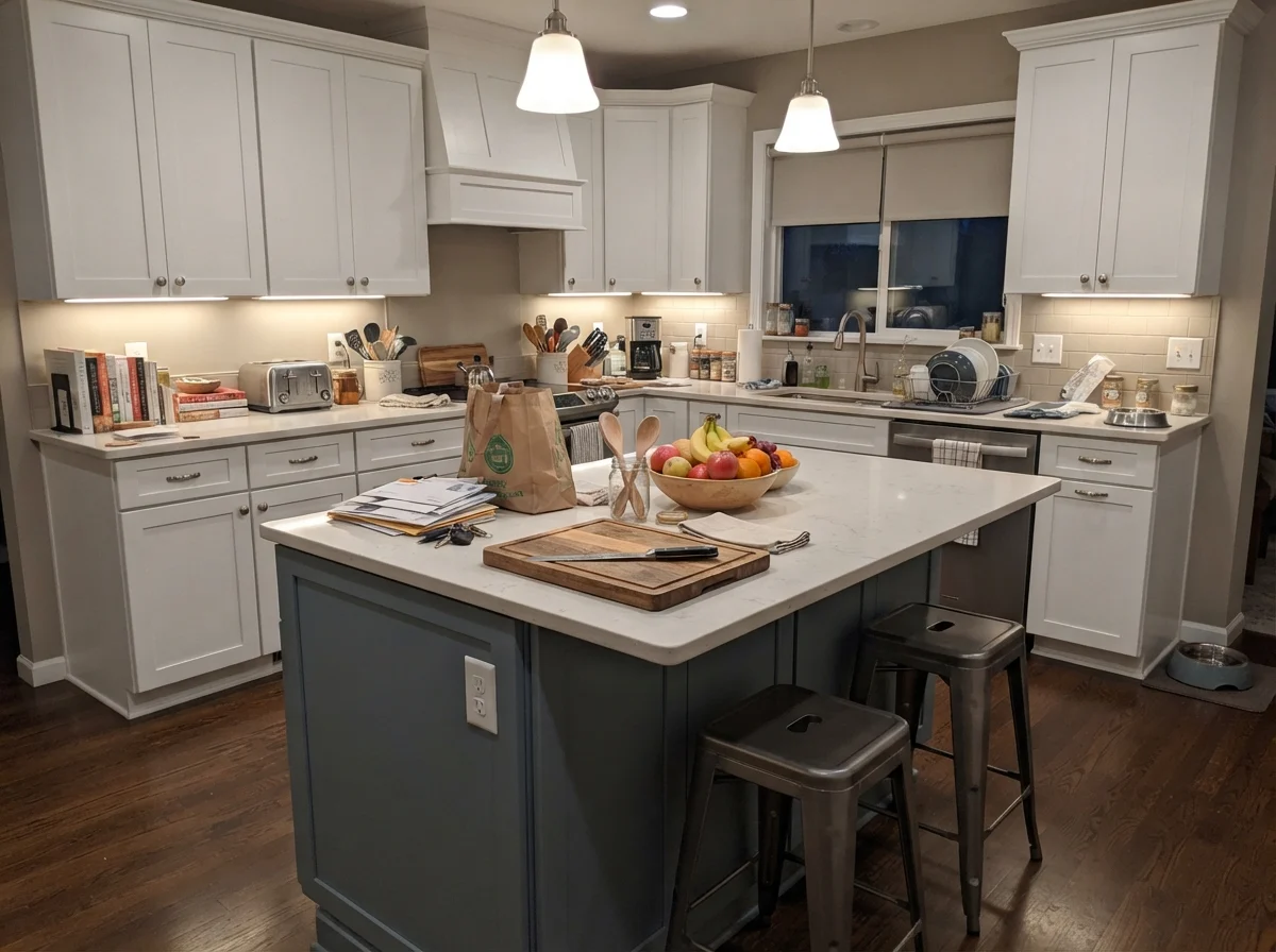 Kitchen island painted in soft greige surrounded by white perimeter cabinets.