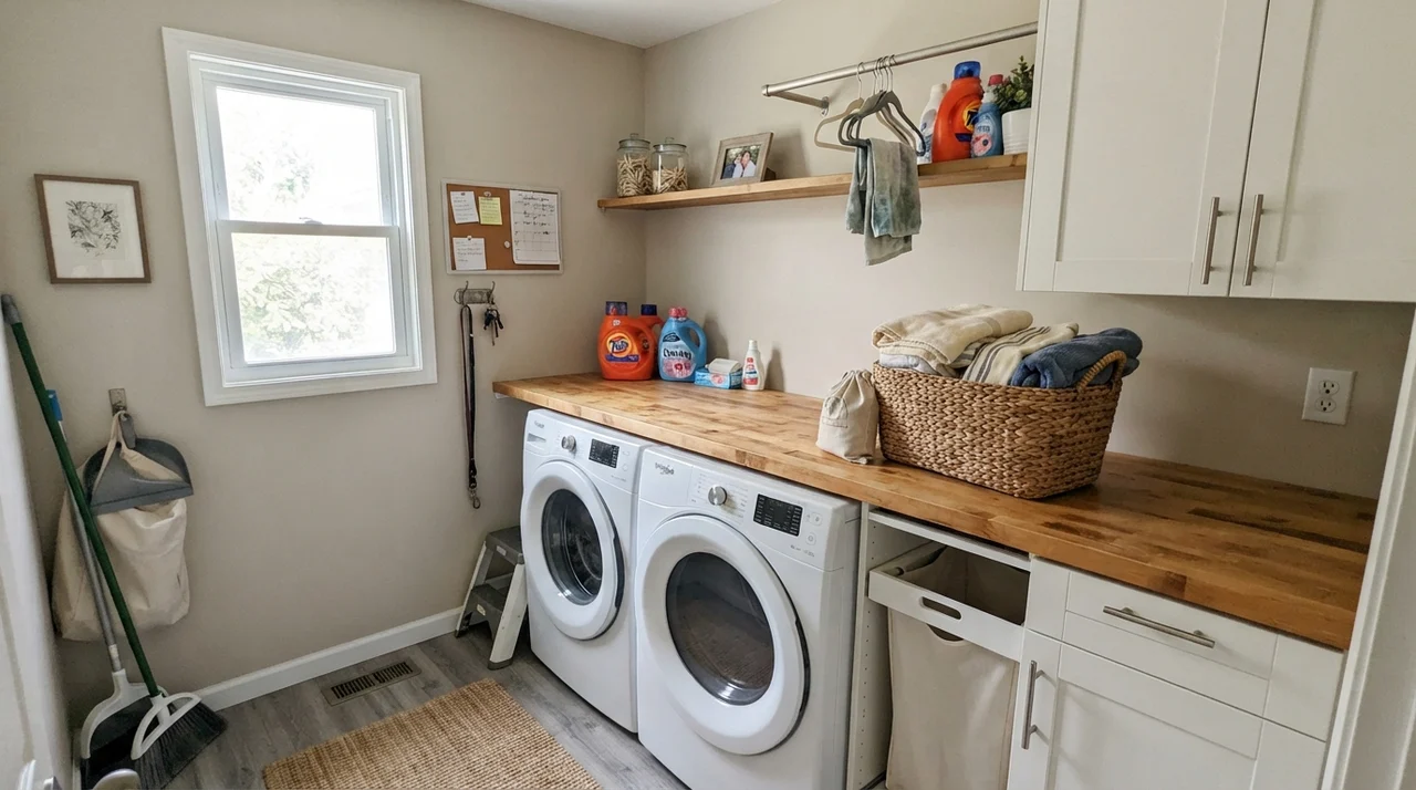 Bright laundry room with butcher block counters, white cabinets, and painted walls.