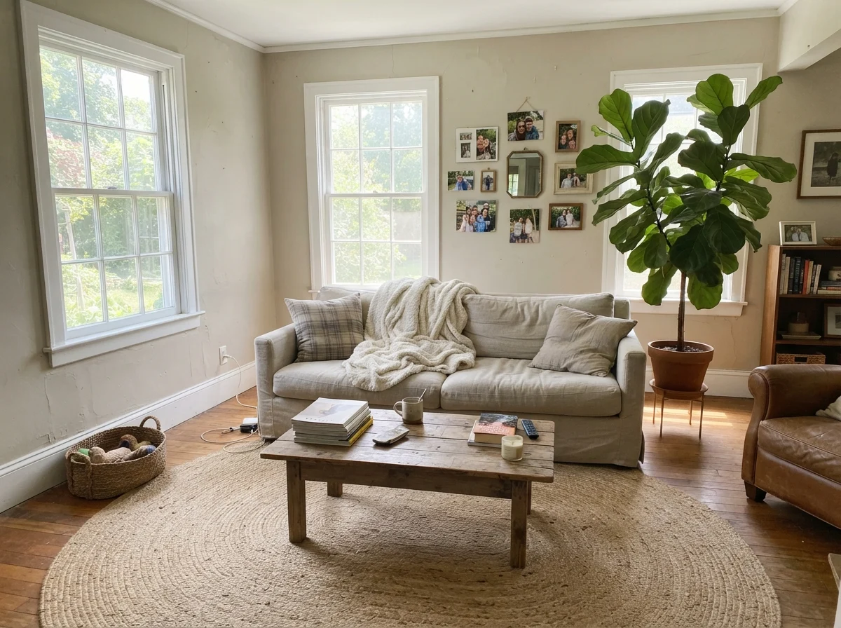 Bright living room with greige walls, linen couch, jute rug, and potted plant.