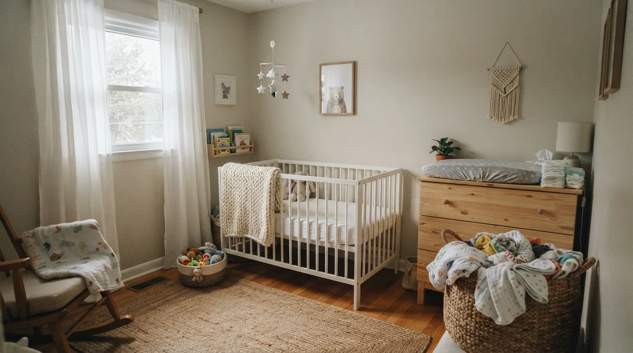 Bright nursery featuring painted walls, light wood dresser, and a white crib.