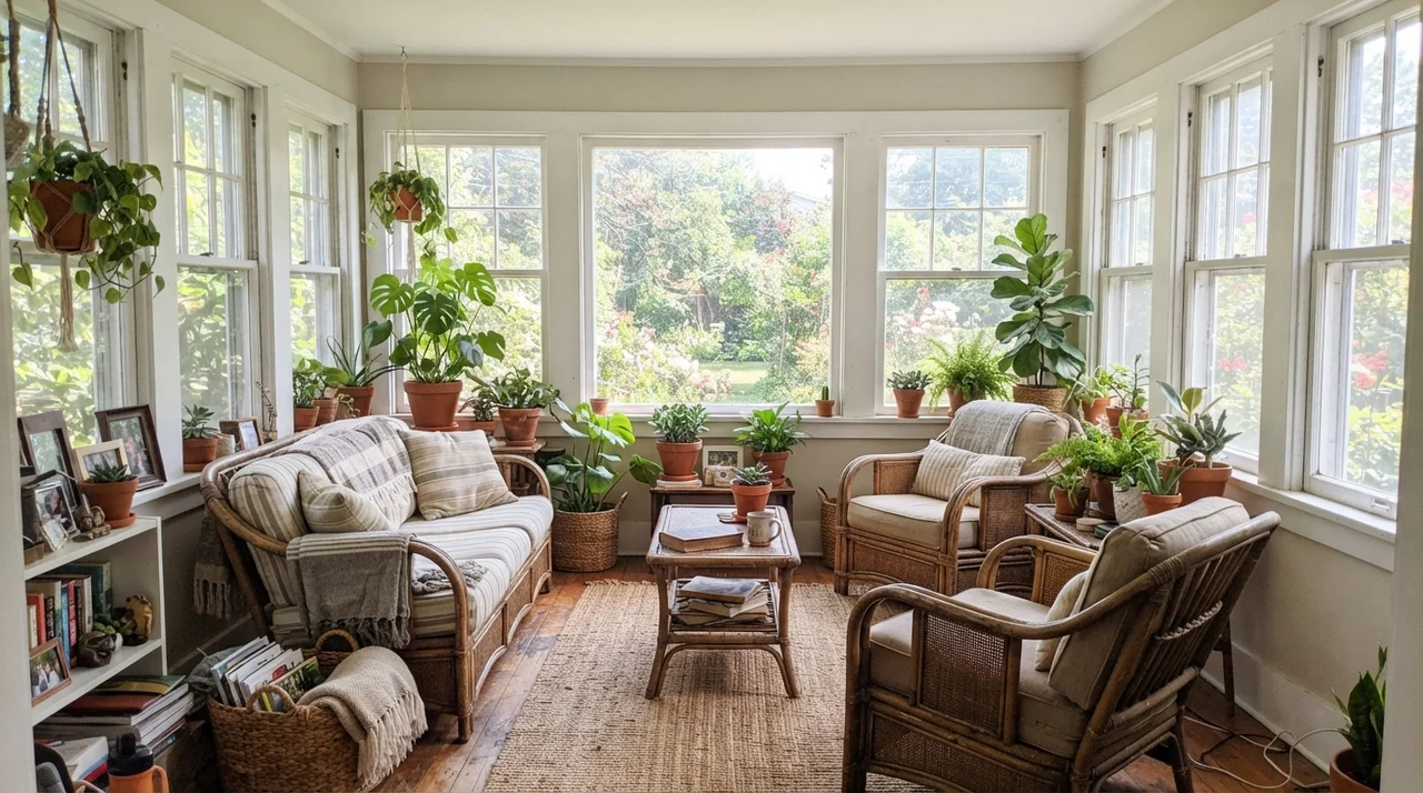 Sunroom with white-cased windows, painted walls, rattan chairs, and houseplants.