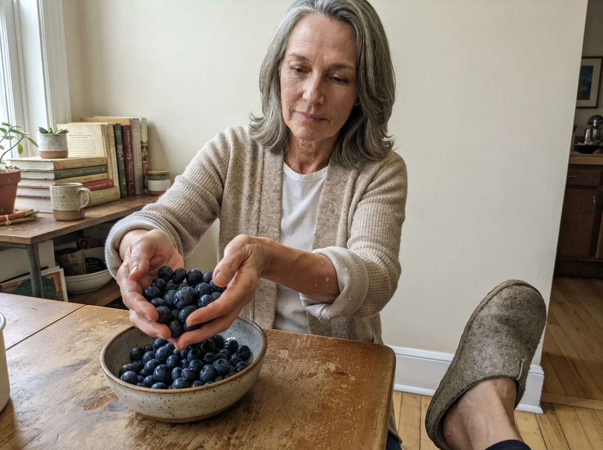 Susan Hartley transferring washed blueberries into a stoneware bowl against a Balboa Mist wall.