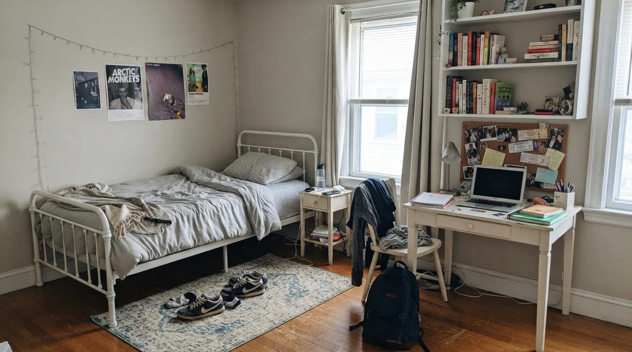 Teen bedroom with desk, shelves, white metal bed, and painted walls.