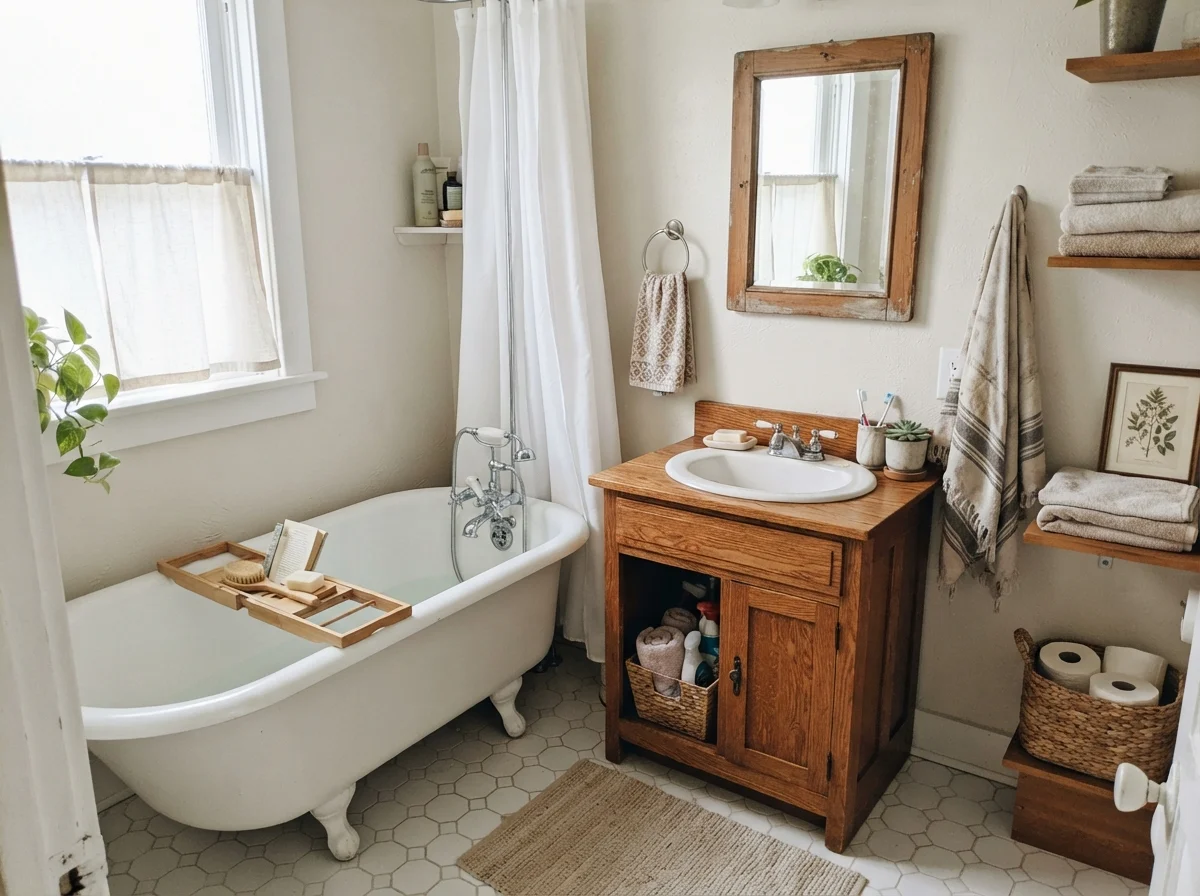 Cottage bathroom with clawfoot tub, hex tile floor, oak vanity, and painted walls in diffuse morning light.
