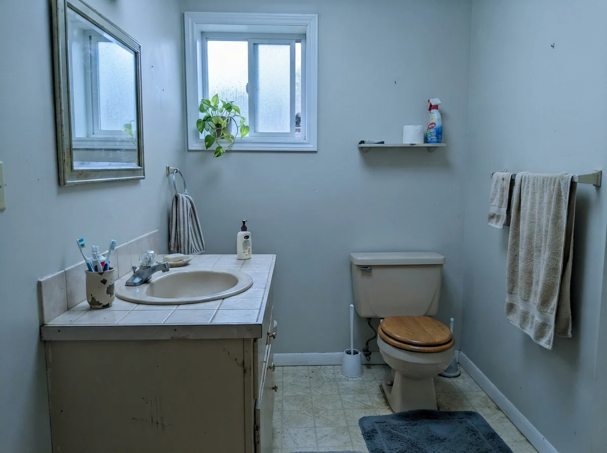 Dated bathroom with small window showing painted walls picking up a cool cast on a rainy day.