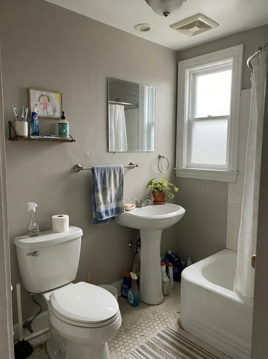 Small bathroom under flat overcast light showing muted gray-toned painted walls.