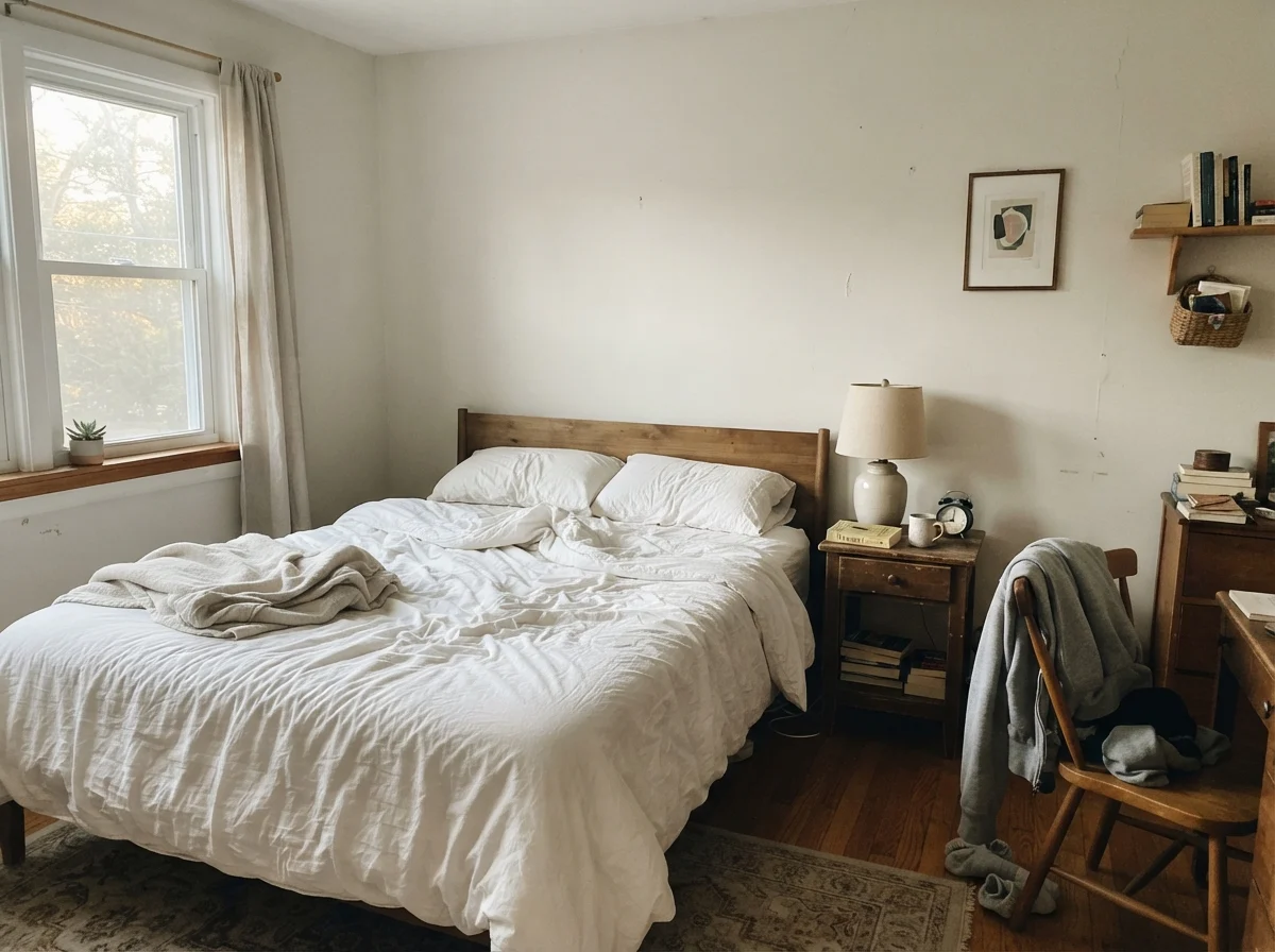 Simple bedroom in cool morning daylight showing pale, washed out painted walls beside white bedding.