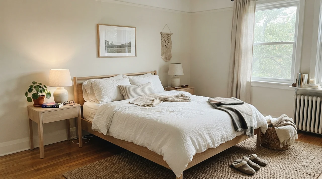 Main bedroom with white linen bedding, pale oak nightstands, and painted Ballet White walls.