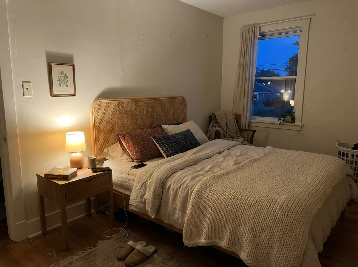 Bedroom at dusk with warm table lamp lighting up Ballet White walls beside a cane headboard.