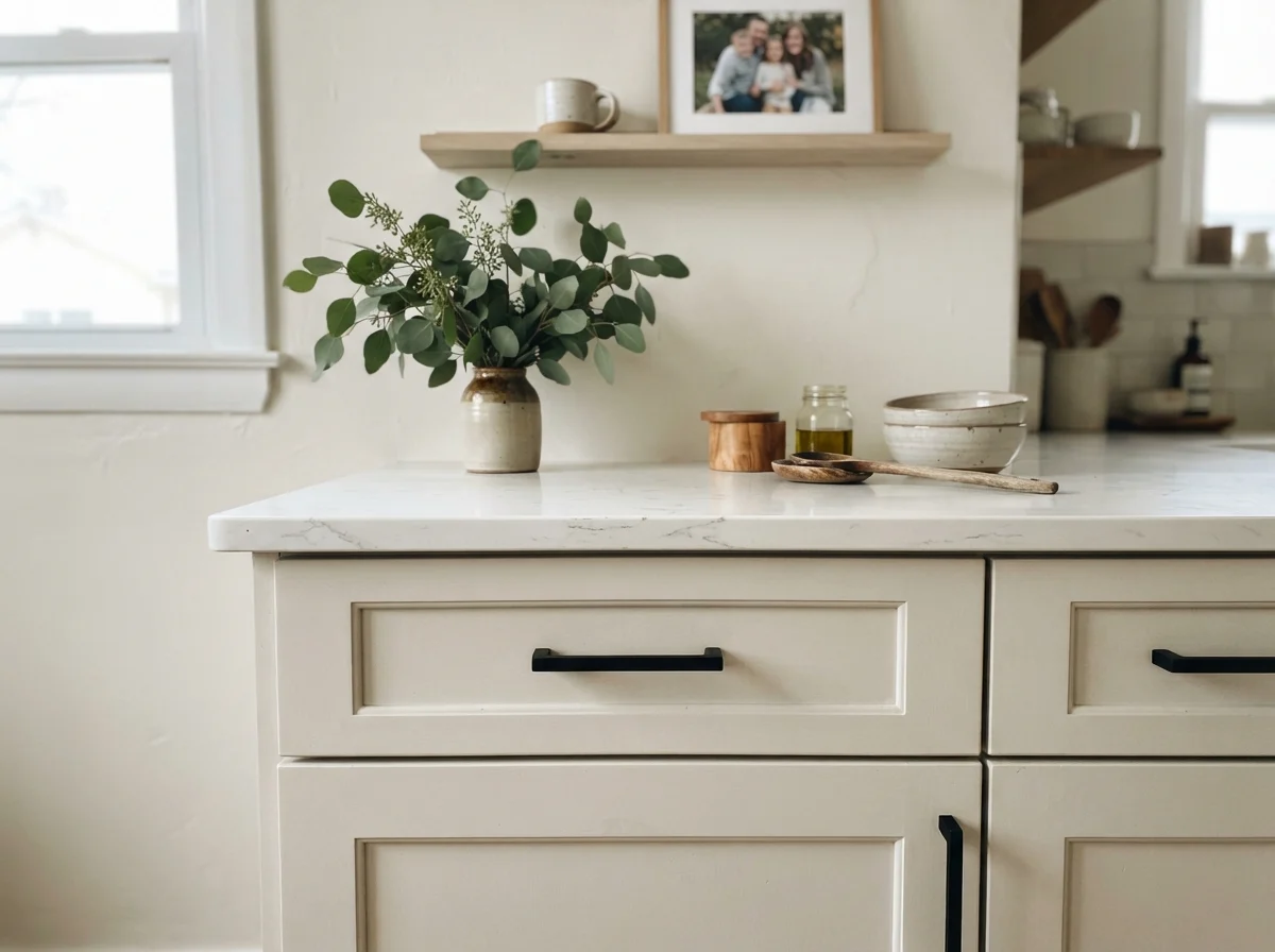 Close-up of Ballet White painted cabinet door with matte black pull and quartz counter.