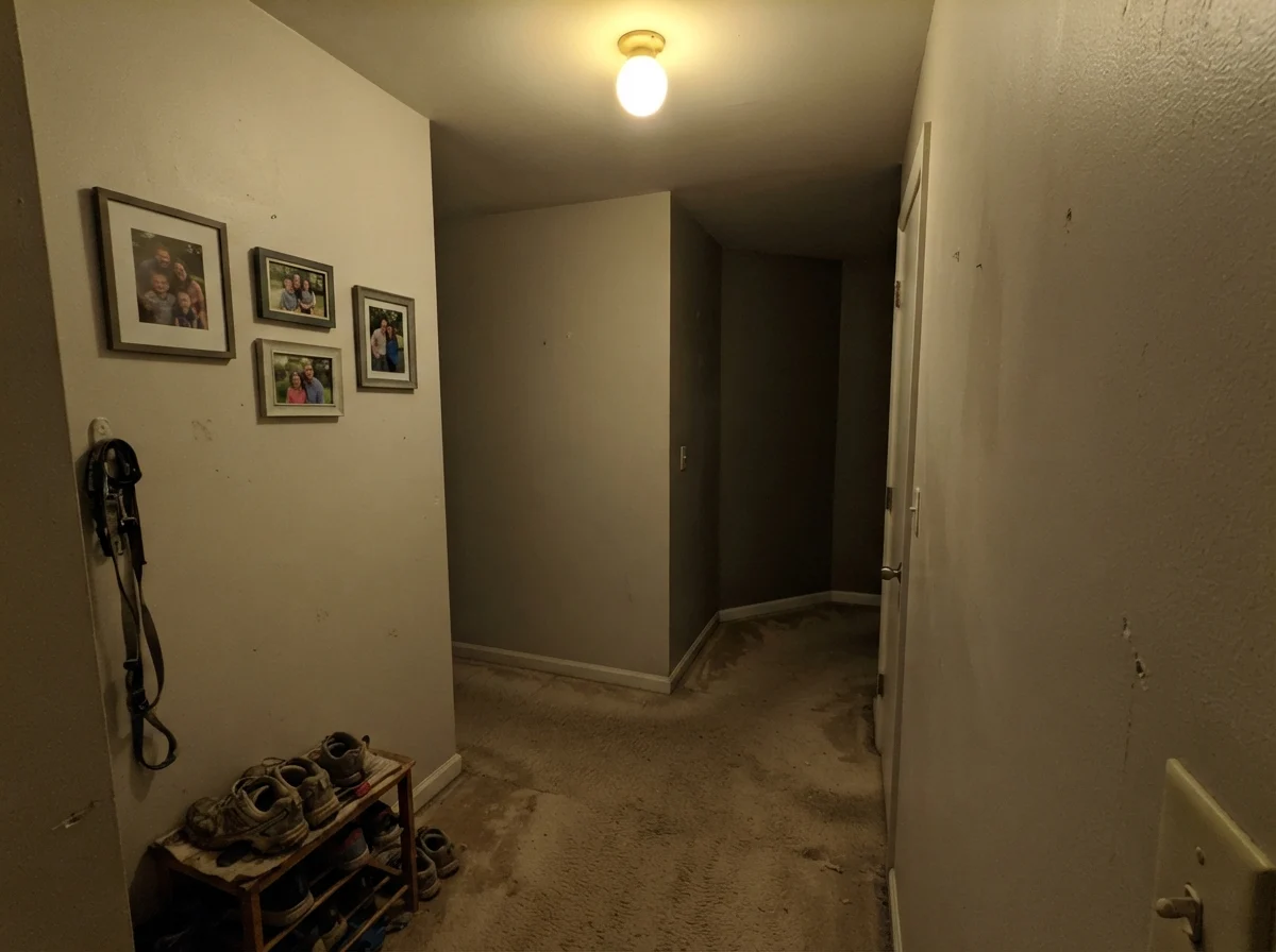 Windowless dark hallway corner showing Ballet White looking muddy and dull under single ceiling bulb.