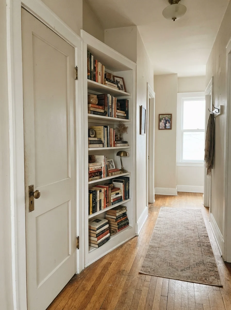 Hallway with two-panel door and built-in bookshelf painted Ballet White with brass hardware.
