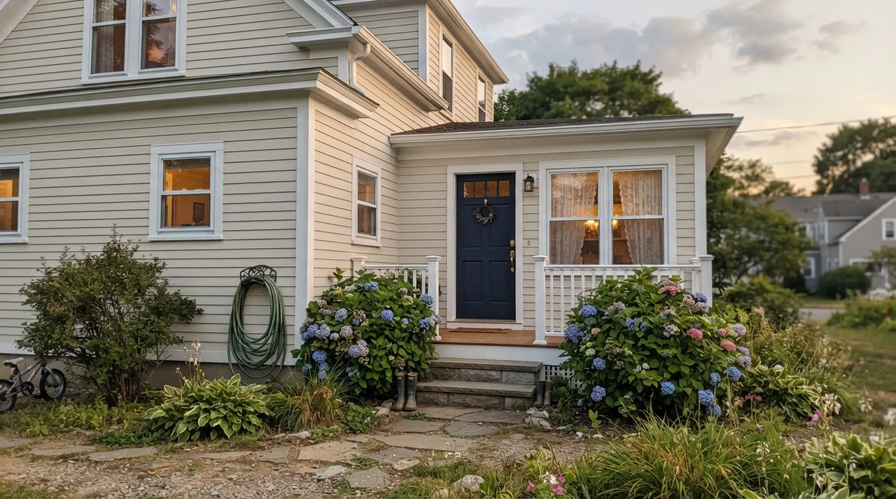 House exterior horizontal siding painted Ballet White with white trim and dark navy door at dusk.