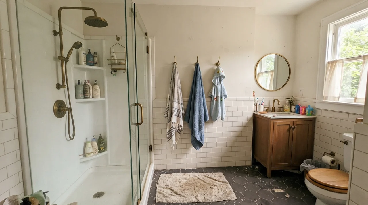 Family bathroom with upper walls painted Ballet White above white subway tile wainscot, brass shower fixtures, and glass door.