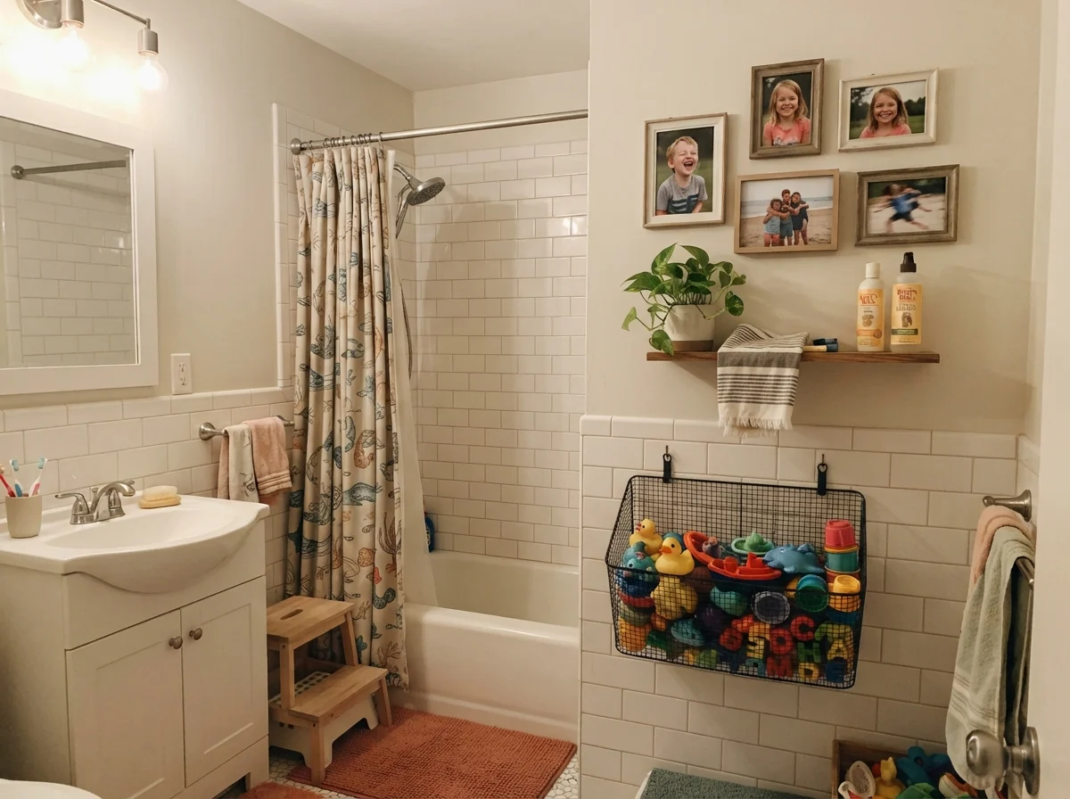 Kids bathroom with subway tile wainscot, bath toys, and painted walls in warm evening light.