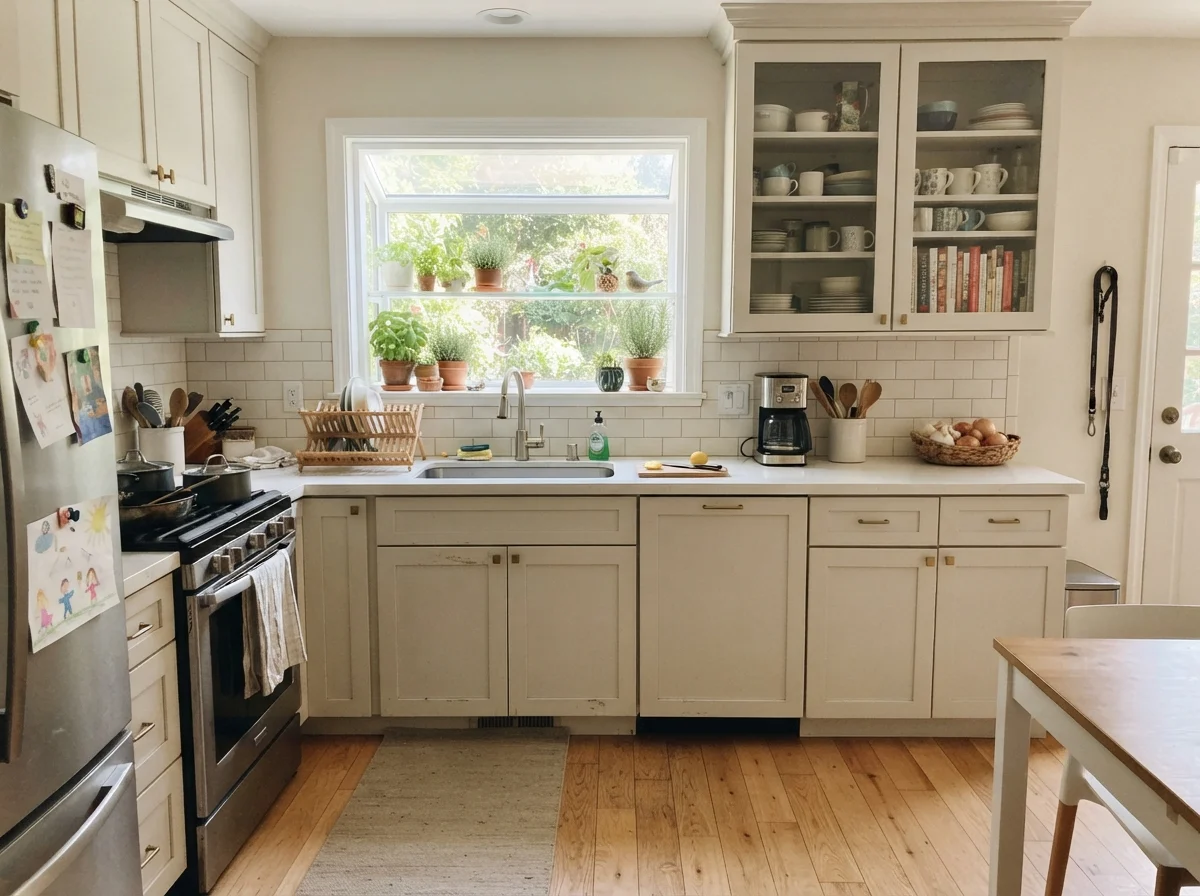 Kitchen shaker cabinets painted Ballet White with white subway backsplash and light oak floor.