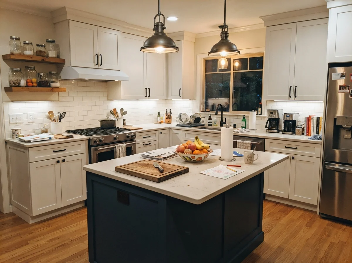Kitchen island painted Ballet White surrounded by white cabinets in warm evening light.