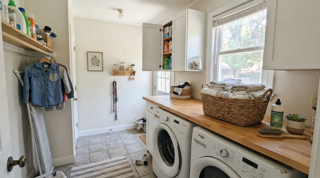 Small bright laundry room with window, butcher block counter, washer dryer, and painted walls.