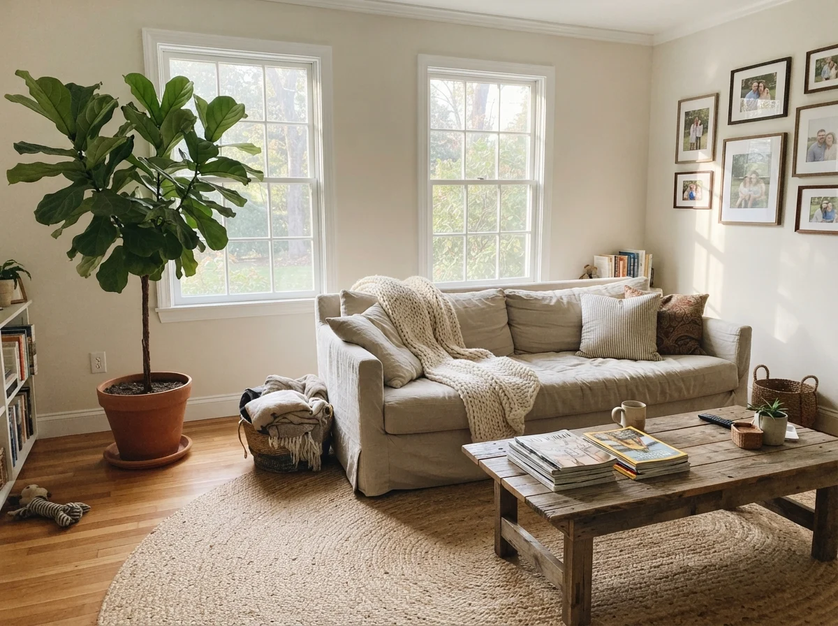 Living room with large windows, jute rug, linen sofa, and painted Ballet White walls.