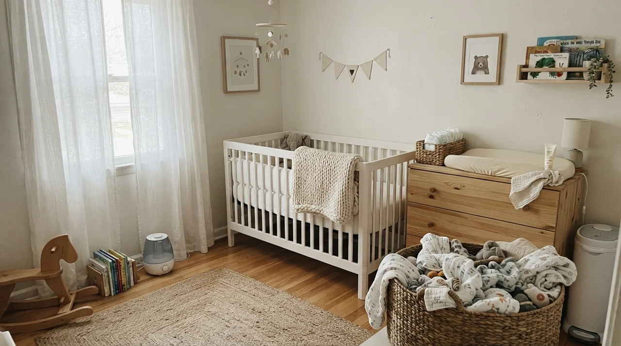 Nursery with white crib, light wood dresser, and painted walls in gentle diffuse light.