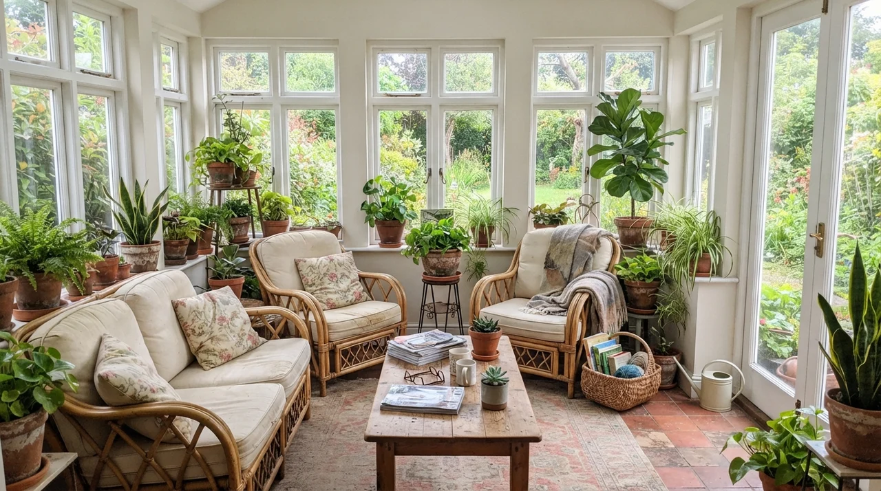 Sunroom with many white-framed windows, rattan furniture, and painted walls.