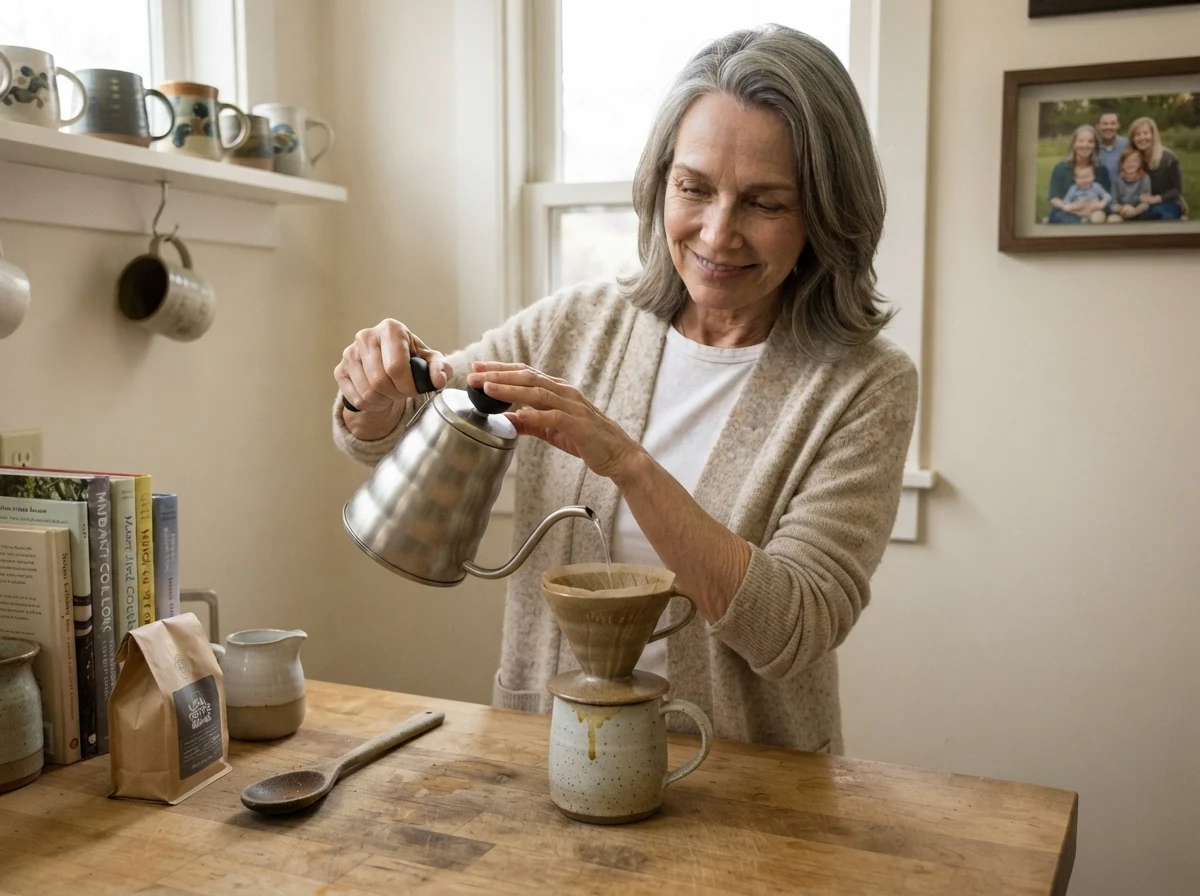 Susan pouring morning coffee in her kitchen nook against walls painted Ballet White.