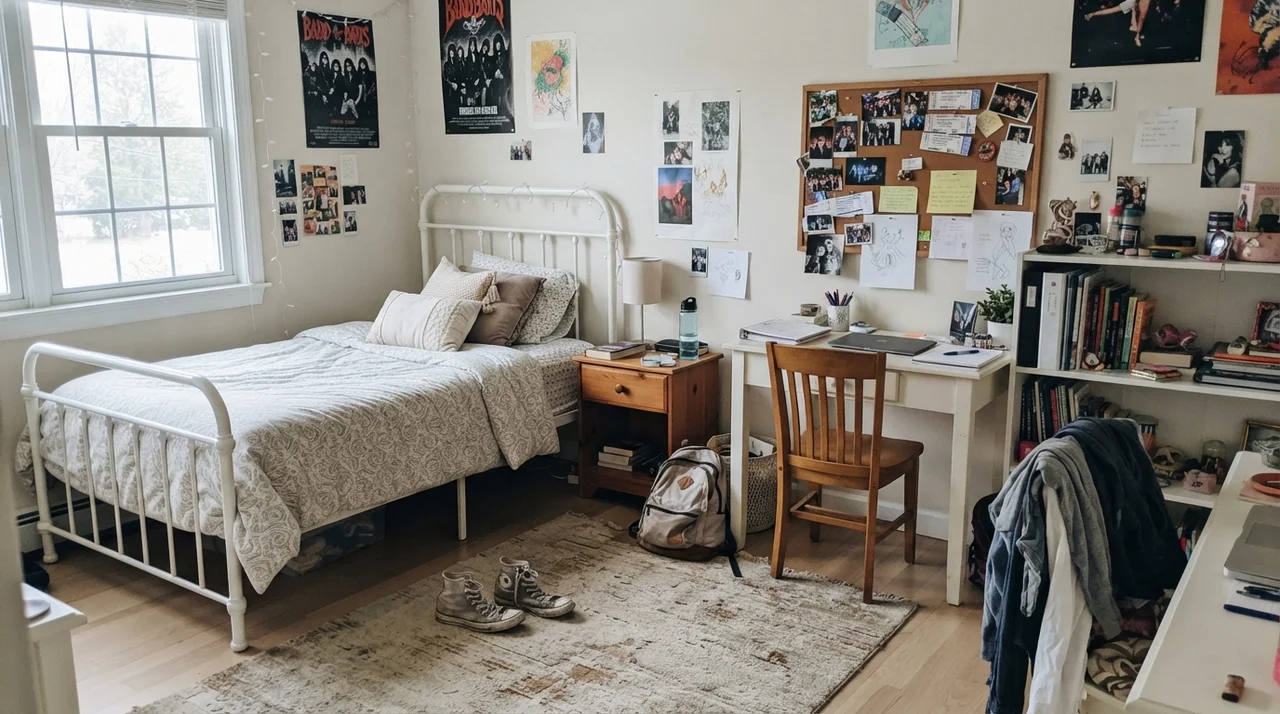 Teenager bedroom with white metal bed, desk, and painted walls in bright window daylight.