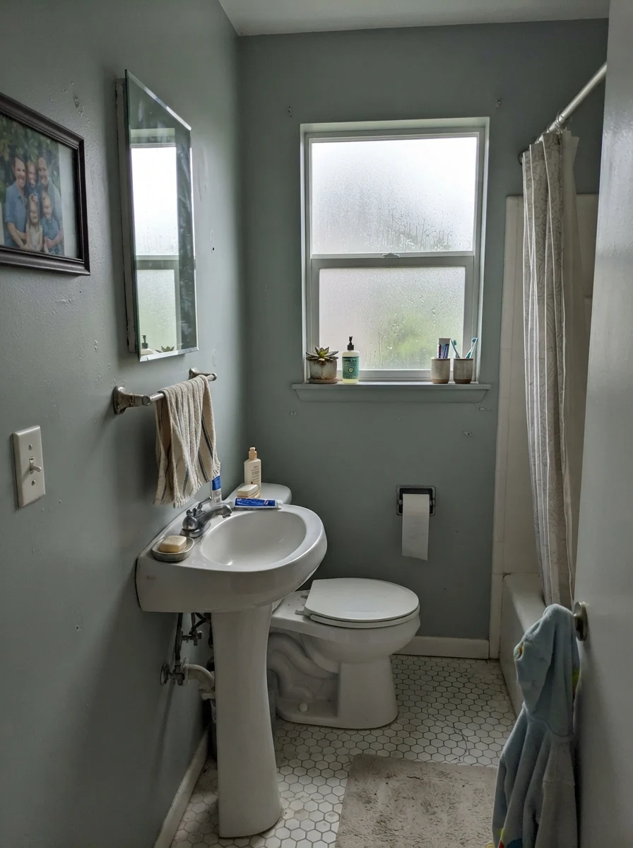 Small bathroom showing muted gray tones on Beach Glass walls in flat overcast light