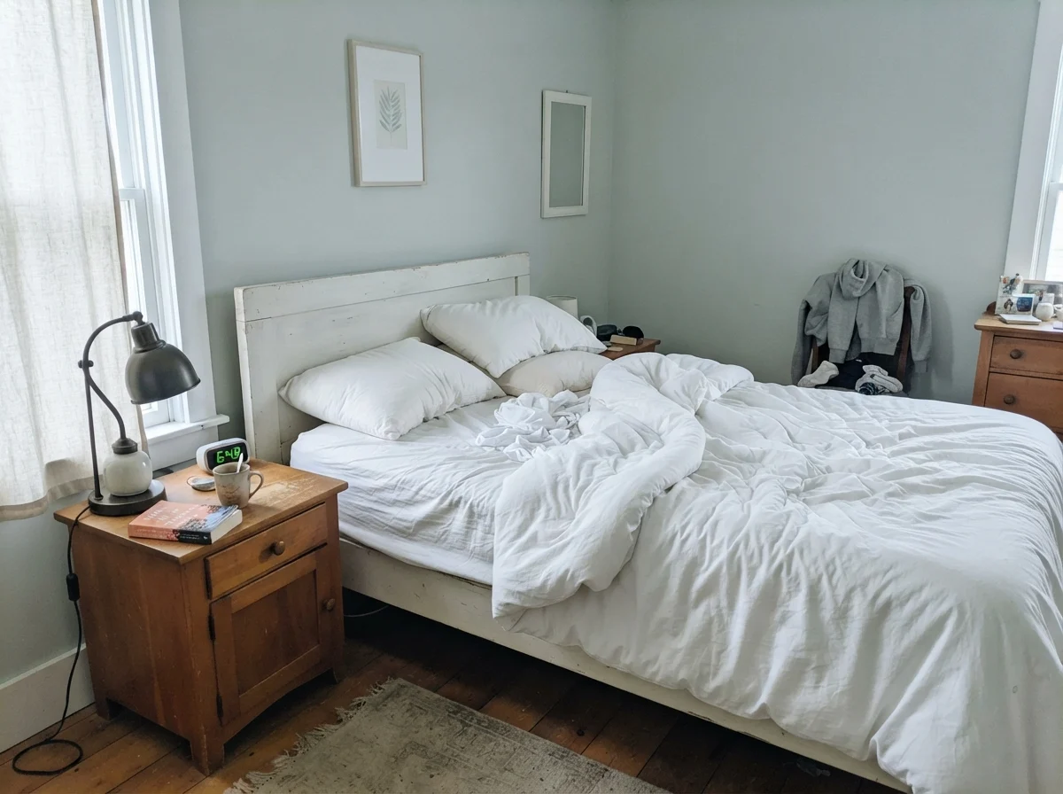 Bedroom with Beach Glass walls in cool morning light with white bedding and wood nightstand