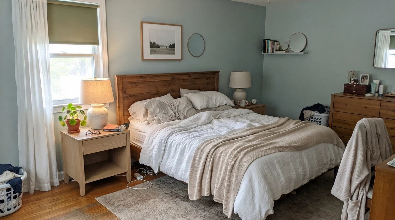 Main bedroom with Beach Glass walls, white linens, and pale oak furniture