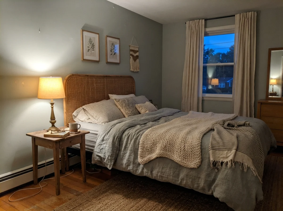 Bedroom with Beach Glass painted walls illuminated by warm evening lamplight and rattan headboard