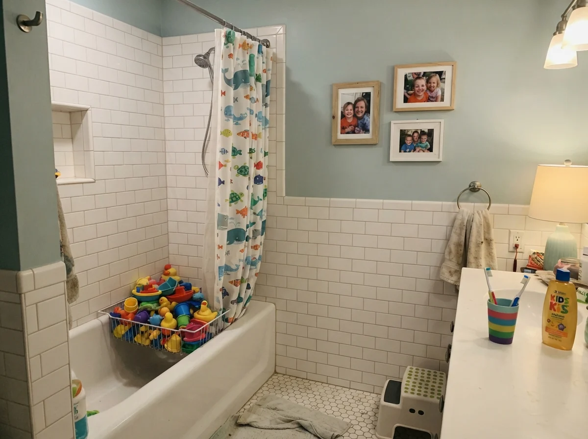 Kids bathroom with painted upper walls, subway tile, and family photos under warm light