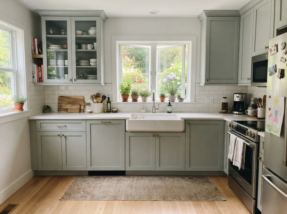 Kitchen shaker cabinets painted in Beach Glass with white tile backsplash and oak floors