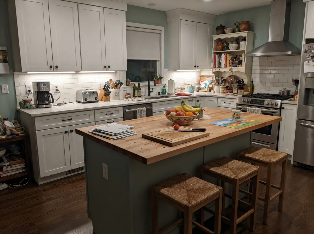 Kitchen island painted Beach Glass surrounded by white cabinets and everyday cookware