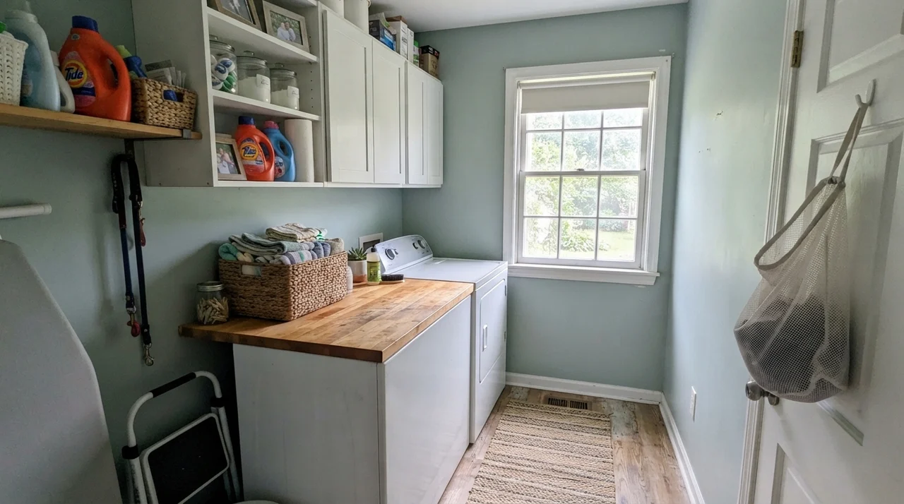 Bright laundry room with painted Beach Glass walls and butcher block folding counter
