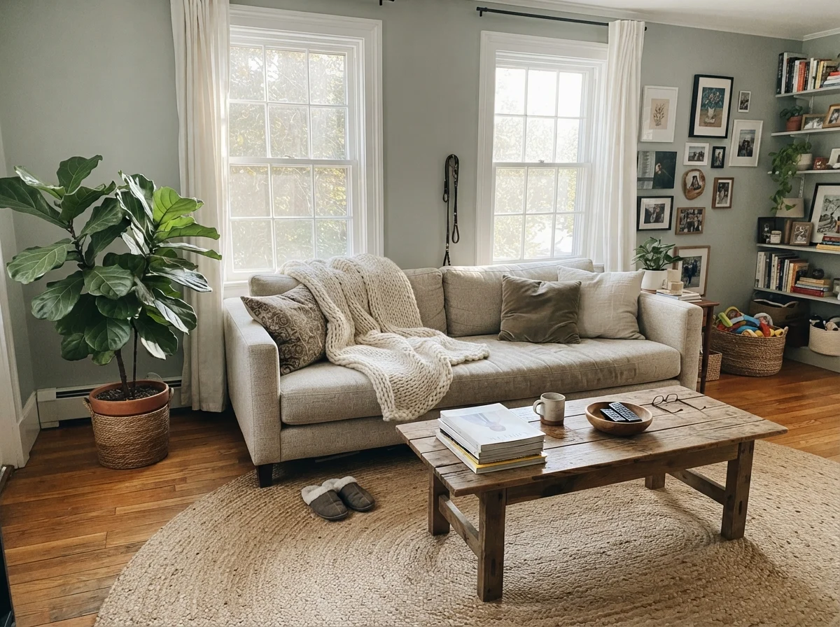 Bright living room with Beach Glass walls, linen couch, and jute rug
