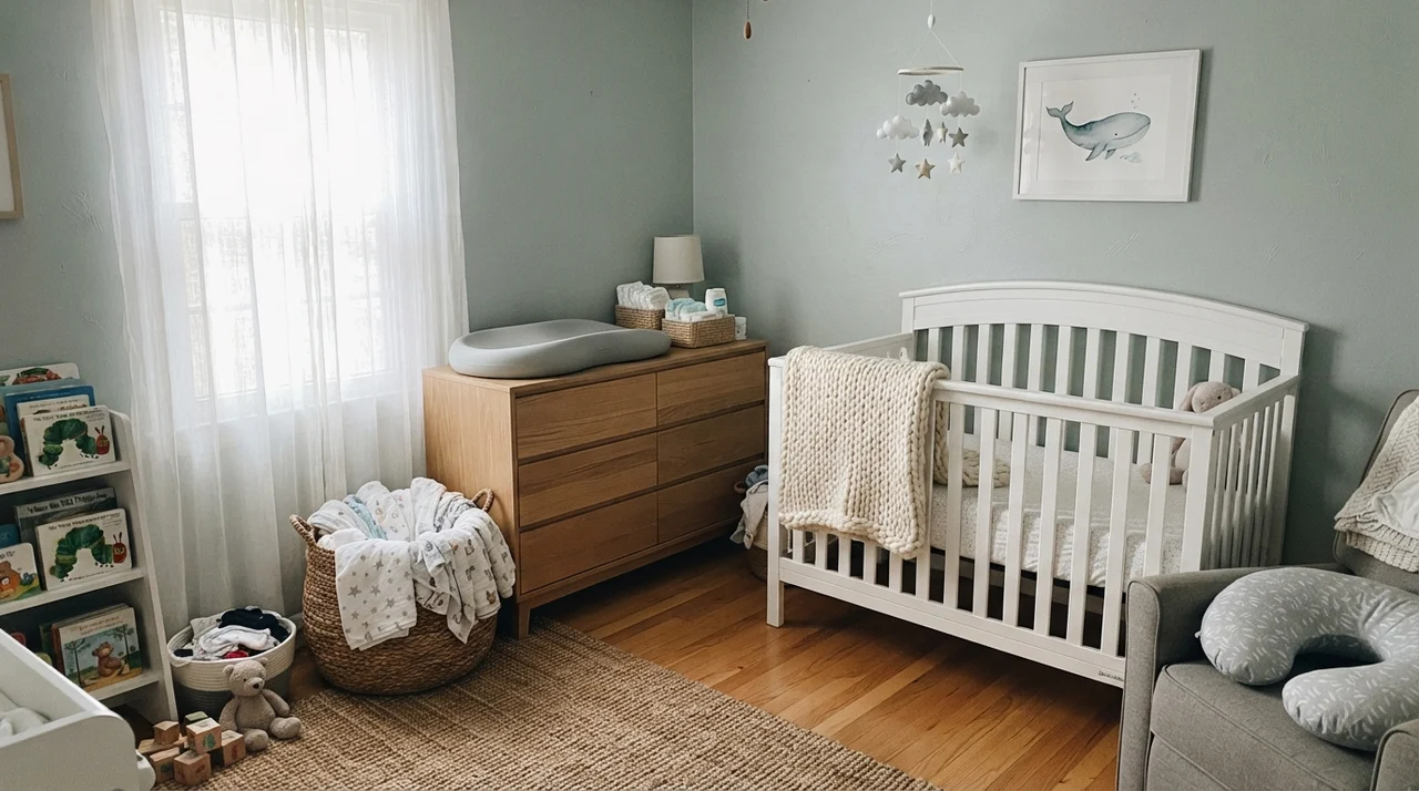 Nursery with Beach Glass painted walls, white crib and light wood dresser